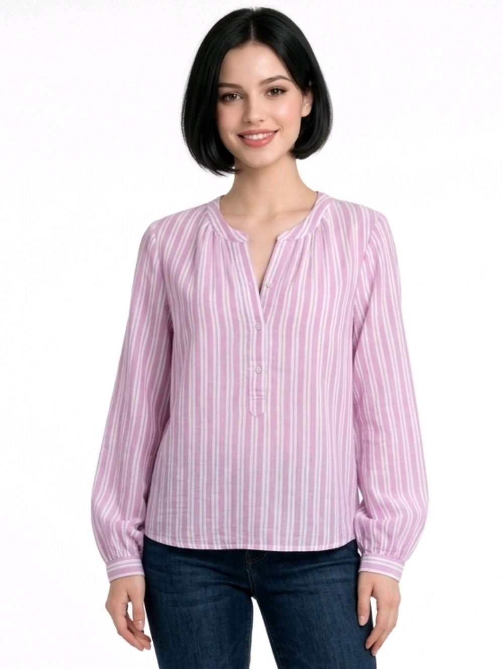Universal Thread Pink Striped Split Button Neck Long Sleeve Gause Blouse Size S